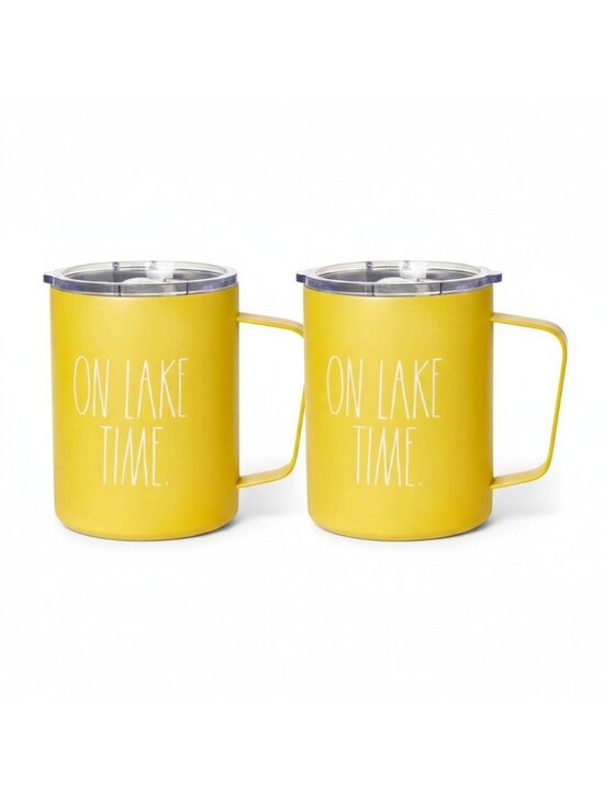 Rae Dunn Other - Rae Dunn “On Lake Time” Insulated Coffee Mug Yellow Brand-New X 2